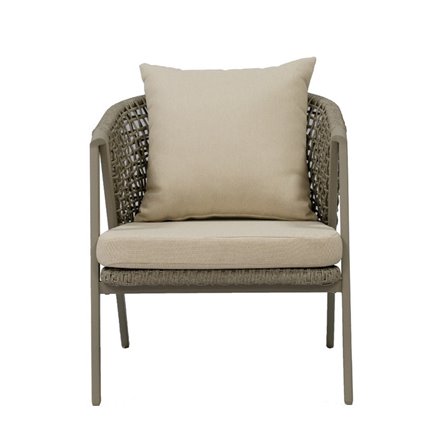 "Амстердам" кресло плетеное из роупа, каркас алюминий, роуп серый круглый, ткань бежевая