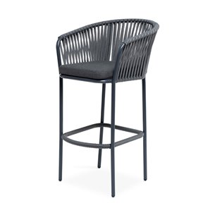 "Бордо" стул барный плетеный из роупа, каркас из стали темно-серый (RAL7024) муар, роуп серый 15мм, ткань темно-серая 027