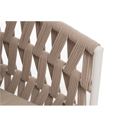 "Диего" диван 2-местный плетеный из роупа, каркас алюминий белый муар, роуп бежевый круглый, ткань бежевая 035