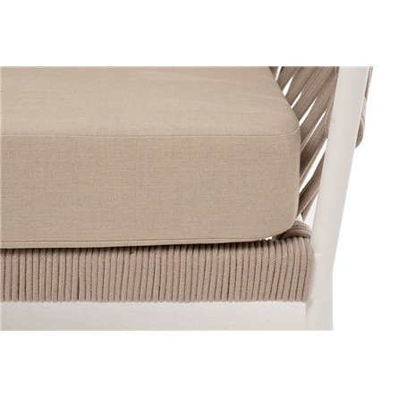 "Диего" диван 2-местный плетеный из роупа, каркас алюминий белый муар, роуп бежевый круглый, ткань бежевая 035