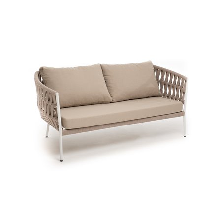"Диего" диван 2-местный плетеный из роупа, каркас алюминий белый муар, роуп бежевый круглый, ткань бежевая 052