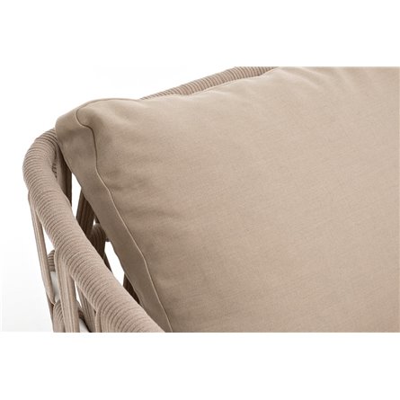 "Диего" диван 2-местный плетеный из роупа, каркас алюминий белый муар, роуп бежевый круглый, ткань бежевая 052