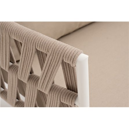 "Диего" диван 2-местный плетеный из роупа, каркас алюминий белый муар, роуп бежевый круглый, ткань бежевая 052