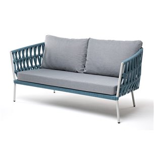 "Диего" диван 2-местный плетеный из роупа, каркас алюминий светло-серый (RAL7035) муар, роуп бирюзовый круглый, ткань светло-сер