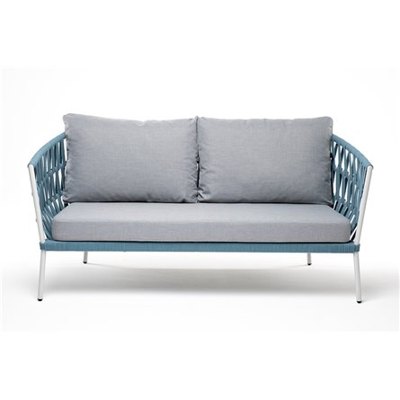 "Диего" диван 2-местный плетеный из роупа, каркас алюминий светло-серый (RAL7035) муар, роуп бирюзовый круглый, ткань светло-сер