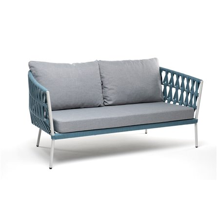 "Диего" диван 2-местный плетеный из роупа, каркас алюминий светло-серый (RAL7035) муар, роуп бирюзовый круглый, ткань светло-сер