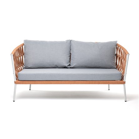 "Диего" диван 2-местный плетеный из роупа, каркас алюминий светло-серый (RAL7035) муар, роуп оранжевый меланж круглый, ткань све