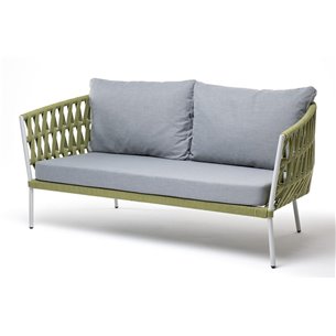 "Диего" диван 2-местный плетеный из роупа, каркас алюминий светло-серый (RAL7035) муар, роуп салатовый меланж круглый, ткань све