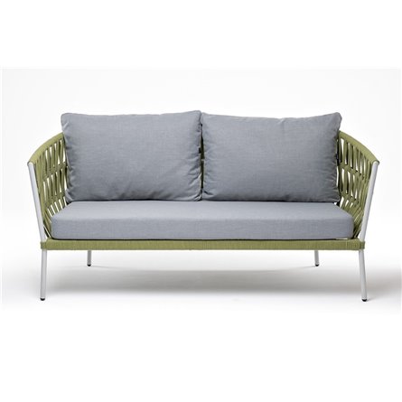 "Диего" диван 2-местный плетеный из роупа, каркас алюминий светло-серый (RAL7035) муар, роуп салатовый меланж круглый, ткань све