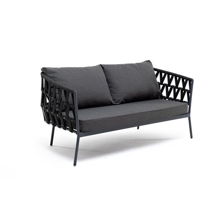 "Диего" диван 2-местный плетеный из роупа, каркас алюминий темно-серый (RAL7024) муар, роуп темно-серый круглый, ткань темно-сер
