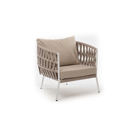 "Диего" кресло плетеное из роупа, каркас алюминий белый муар, роуп бежевый круглый, ткань бежевая 052