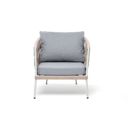 "Диего" кресло плетеное из роупа, каркас алюминий светло-серый (RAL7035) муар, роуп бежевый круглый, ткань светло-серая