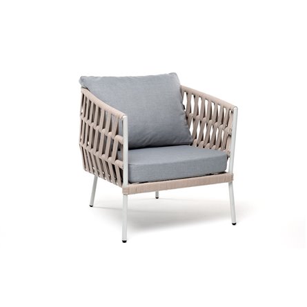 "Диего" кресло плетеное из роупа, каркас алюминий светло-серый (RAL7035) муар, роуп бежевый круглый, ткань светло-серая