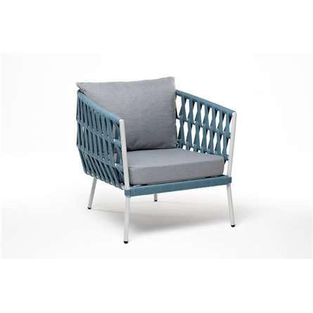 "Диего" кресло плетеное из роупа, каркас алюминий светло-серый (RAL7035) муар, роуп бирюзовый круглый, ткань светло-серая