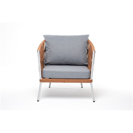 "Диего" кресло плетеное из роупа, каркас алюминий светло-серый (RAL7035) муар, роуп оранжевый меланж круглый, ткань светло-серая