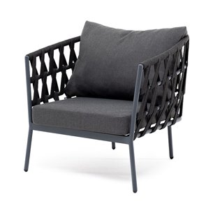 "Диего" кресло плетеное из роупа, каркас алюминий темно-серый (RAL7024) муар, роуп темно-серый круглый, ткань темно-серая 027