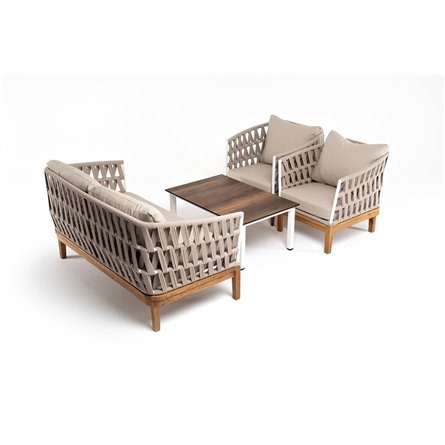 "Диего" лаунж-зона 4-местная плетеная из роупа со столиком "Канны" цвета "дуб", основание дуб, роуп бежевый