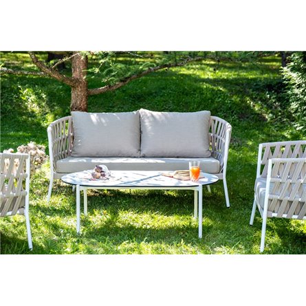 "Диего" лаунж-зона 4-местная плетеная из роупа (веревки), каркас алюминиевый белый, роуп бежевый