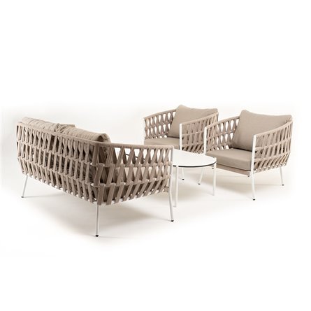 "Диего" лаунж-зона 4-местная плетеная из роупа (веревки), каркас алюминиевый белый, роуп бежевый