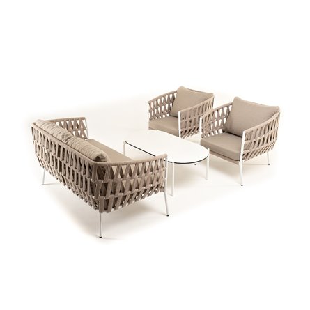"Диего" лаунж-зона 4-местная плетеная из роупа (веревки), каркас алюминиевый белый, роуп бежевый