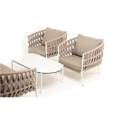 "Диего" лаунж-зона 4-местная плетеная из роупа (веревки), каркас алюминиевый белый, роуп бежевый