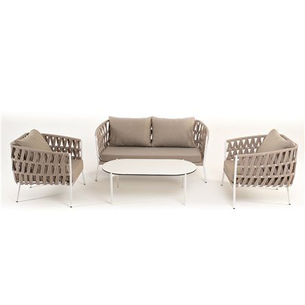 "Форли" лаунж-зона 4-местная плетеная из роупа (веревки), каркас алюминиевый светло-серый, роуп серо-коричневый