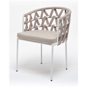 "Диего" стул плетеный из роупа, каркас из стали белый муар, роуп бежевый круглый, ткань бежевая 052