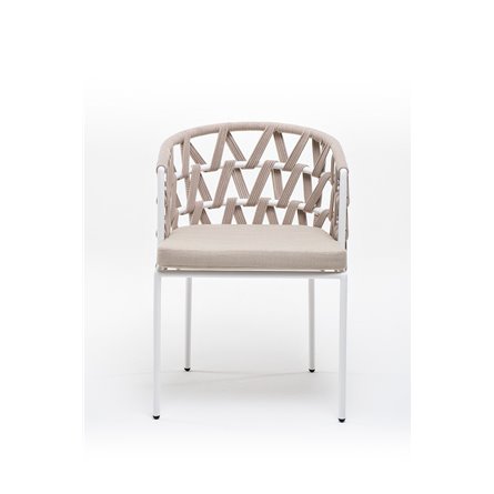 "Диего" стул плетеный из роупа, каркас из стали белый муар, роуп бежевый круглый, ткань бежевая 052