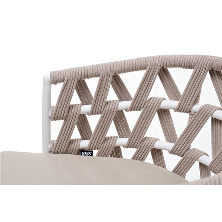 "Диего" стул плетеный из роупа, каркас из стали белый муар, роуп бежевый круглый, ткань бежевая 052