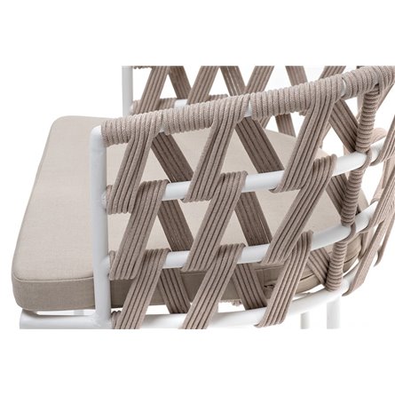 "Диего" стул плетеный из роупа, каркас из стали белый муар, роуп бежевый круглый, ткань бежевая 052