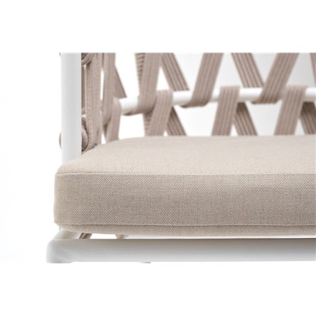 "Диего" стул плетеный из роупа, каркас из стали белый муар, роуп бежевый круглый, ткань бежевая 052