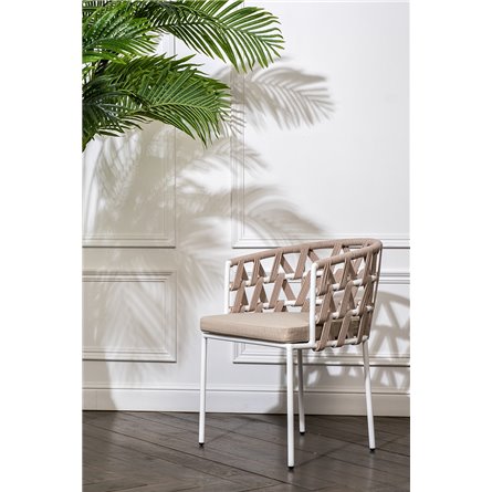 "Диего" стул плетеный из роупа, каркас из стали белый муар, роуп бежевый круглый, ткань бежевая 052