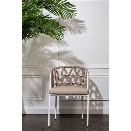 "Диего" стул плетеный из роупа, каркас из стали белый муар, роуп бежевый круглый, ткань бежевая 052