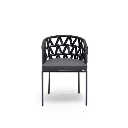 "Диего" стул плетеный из роупа, каркас из стали серый (RAL7022) муар, роуп темно-серый круглый, ткань темно-серая 027