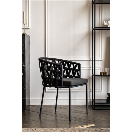 "Диего" стул плетеный из роупа, каркас из стали серый (RAL7022) муар, роуп темно-серый круглый, ткань темно-серая 027