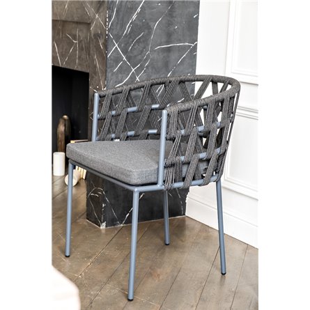 "Диего" стул плетеный из роупа, каркас из стали серый (RAL7022) муар, роуп темно-серый круглый, ткань темно-серая 027