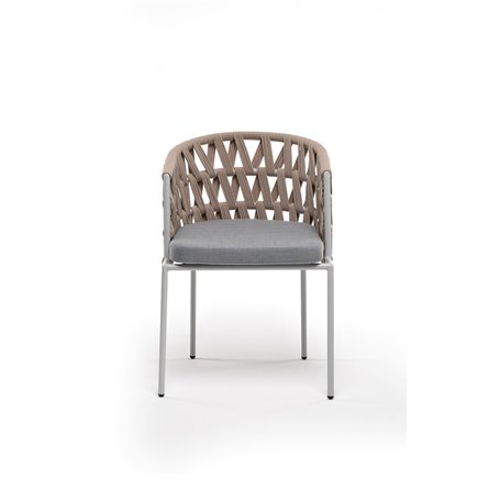"Диего" стул плетеный из роупа, каркас из стали светло-серый (RAL7035) муар, роуп бежевый круглый, ткань светло-серая
