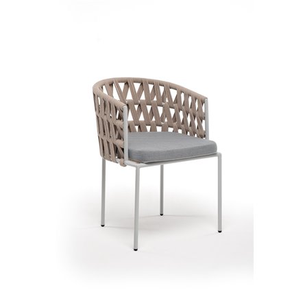 "Диего" стул плетеный из роупа, каркас из стали светло-серый (RAL7035) муар, роуп бежевый круглый, ткань светло-серая