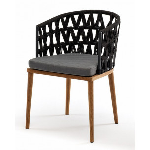 "Диего" стул плетеный из роупа, основание дуб, роуп темно-серый круглый, ткань серая 