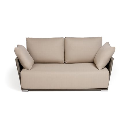 "Форли" диван 2-местный плетеный из роупа, каркас алюминий светло-серый (RAL7035) муар, роуп серо-коричневый 23мм, ткань Mossle