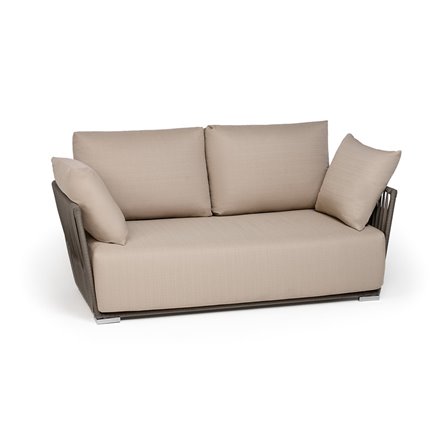 "Форли" диван 2-местный плетеный из роупа, каркас алюминий светло-серый (RAL7035) муар, роуп серо-коричневый 23мм, ткань Mossle