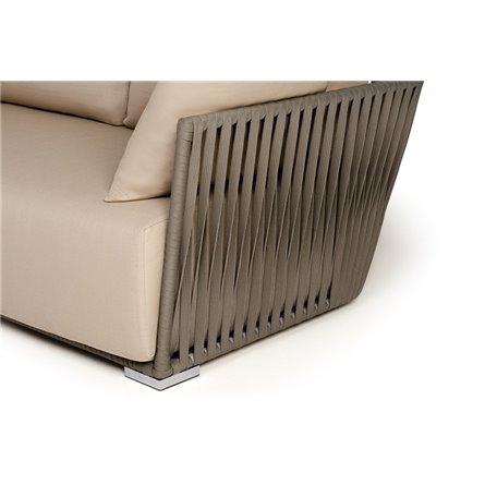 "Форли" диван 2-местный плетеный из роупа, каркас алюминий светло-серый (RAL7035) муар, роуп серо-коричневый 23мм, ткань Mossle