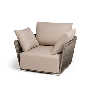 "Форли" кресло плетеное из роупа, каркас алюминий светло-серый (RAL7035) муар, роуп серо-коричневый 23мм, ткань Mossle бежевая