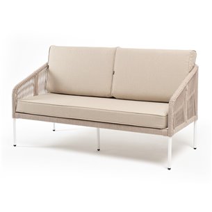"Канны" диван 2-местный плетеный из роупа, каркас алюминий белый муар, роуп бежевый круглый, ткань бежевая 052