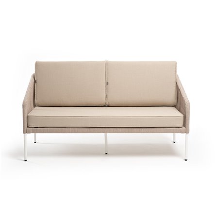 "Канны" диван 2-местный плетеный из роупа, каркас алюминий белый муар, роуп бежевый круглый, ткань бежевая 052