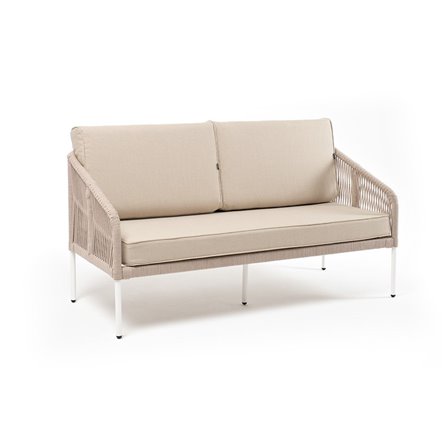 "Канны" диван 2-местный плетеный из роупа, каркас алюминий белый муар, роуп бежевый круглый, ткань бежевая 052