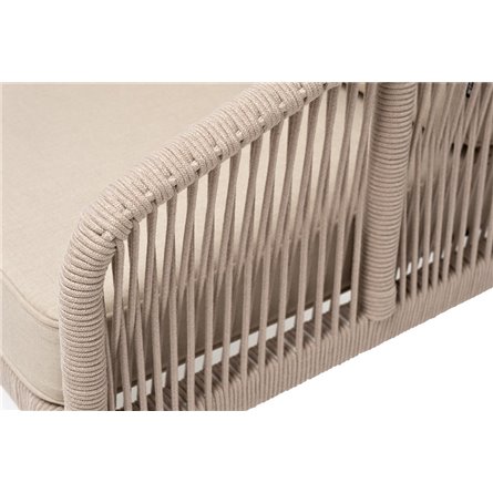 "Канны" диван 2-местный плетеный из роупа, каркас алюминий белый муар, роуп бежевый круглый, ткань бежевая 052