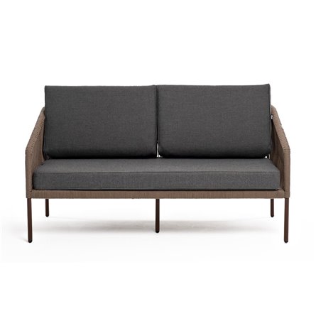 "Канны" диван 2-местный плетеный из роупа, каркас алюминий коричневый (RAL8016) муар, роуп коричневый круглый, ткань темно-серая