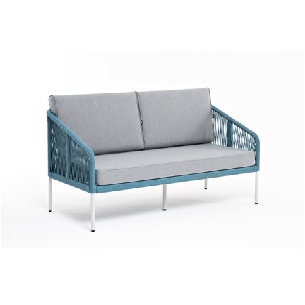 "Канны" диван 2-местный плетеный из роупа, каркас алюминий светло-серый (RAL7035) муар, роуп бирюзовый круглый, ткань светло-сер