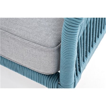 "Канны" диван 2-местный плетеный из роупа, каркас алюминий светло-серый (RAL7035) муар, роуп бирюзовый круглый, ткань светло-сер